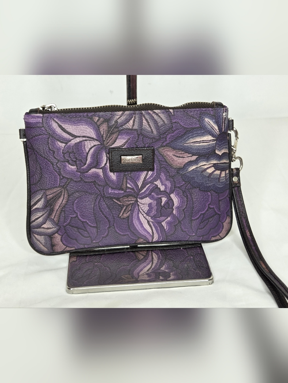 Pineda Covalin Purple Floral Leather/Polyester Wristlet /Silver Branded Zip Pull